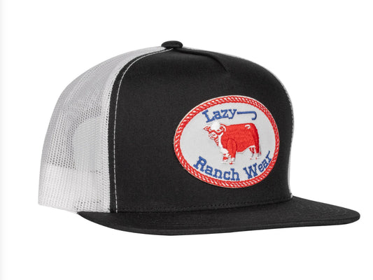 LAZY J RANCH BLACK & WHITE RED WHITE & BLUE ORIGINAL BUCKLE CLASSIC FIVE PANEL TRUCKER HAT