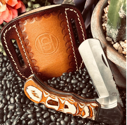 CIRCLE SH CUTLERY FOLDING CASTRATION KNIFE 5” CLOSED LEATHER SHEATH NATURAL PAKKAWOOD