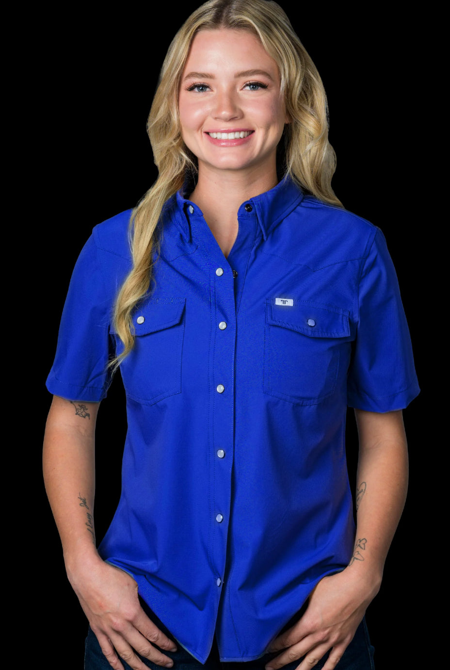 FERRELL BRAND CORE WOMENS COBALT BLUE SHORT SLEEVE PEARL SNAP SHIRT