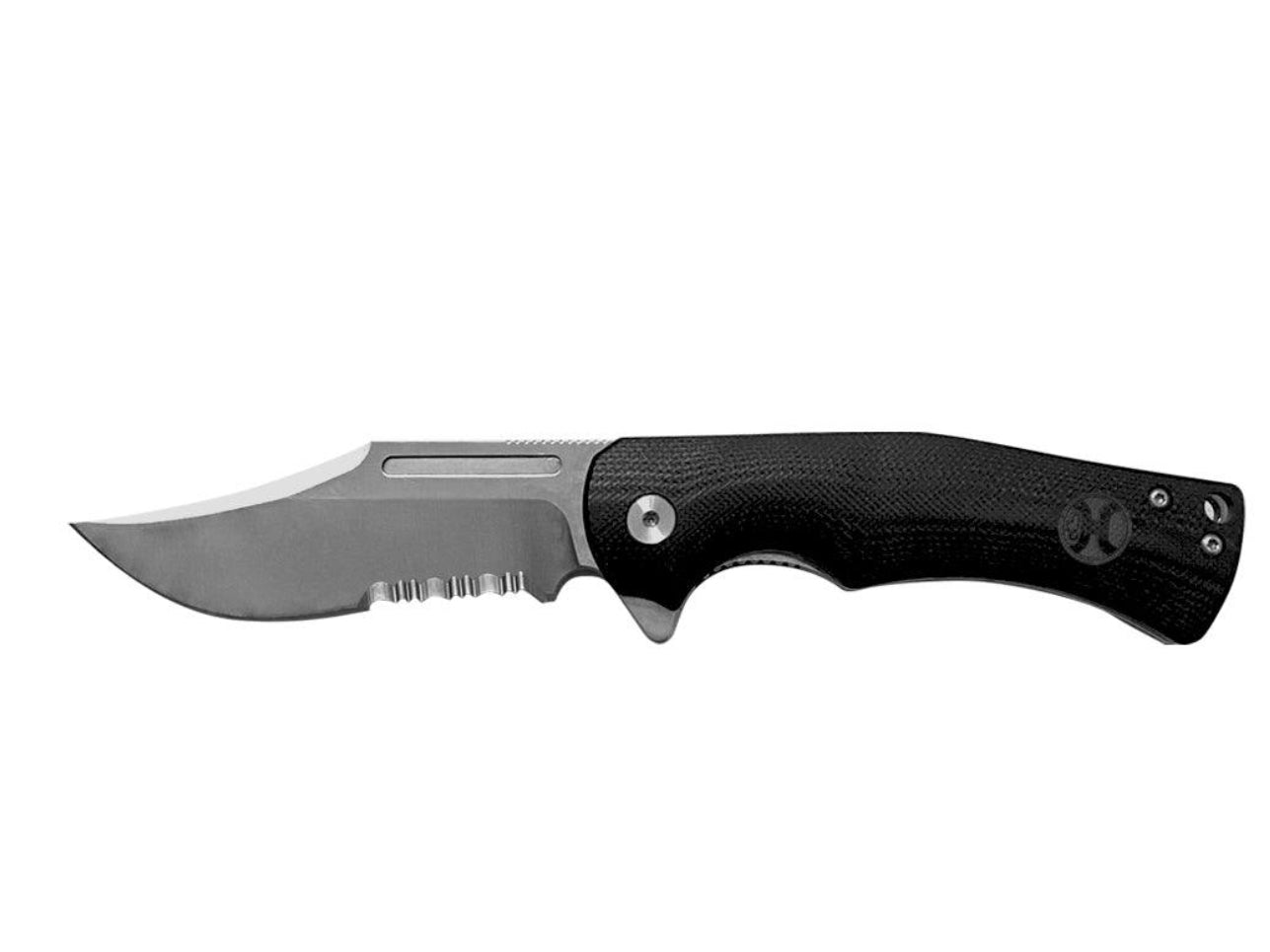 HOOEY KNIFE, BLACK CLIP POINT FLIPPER 3.25” SERRATED BLADE WITH A 4.25” HANDLE
