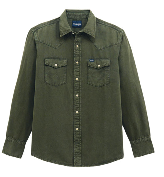 WRANGLER MENS DENIM LONG SLEEVE SHIRT -OLIVE