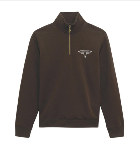 WRANGLER MENS 1/4 ZIP LOGO FLEECE PULLOVER-CHOCOLATE TORTE