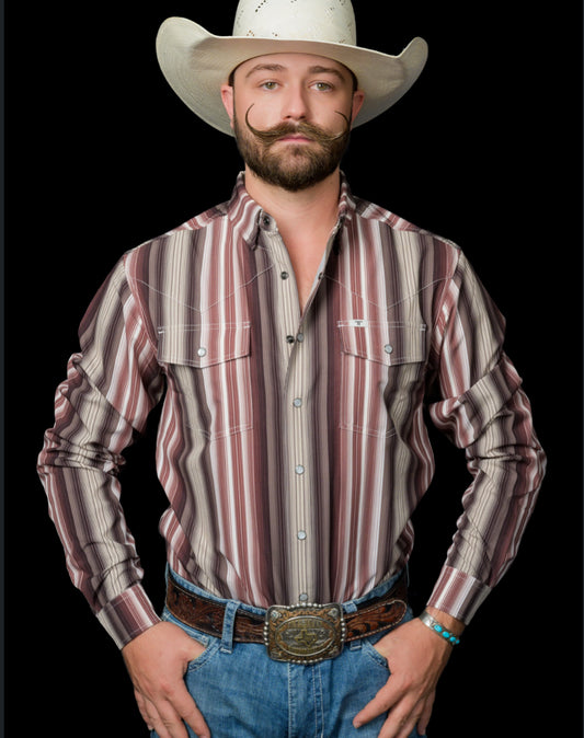 FERRELL BRAND MENS “THE HARRISON” IN BROWN LONG SLEEVE SNAP SHIRT