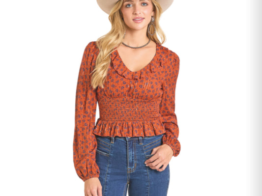 ROCK AND ROLL DENIM BLOUSE WITH SMOCKED BODICE