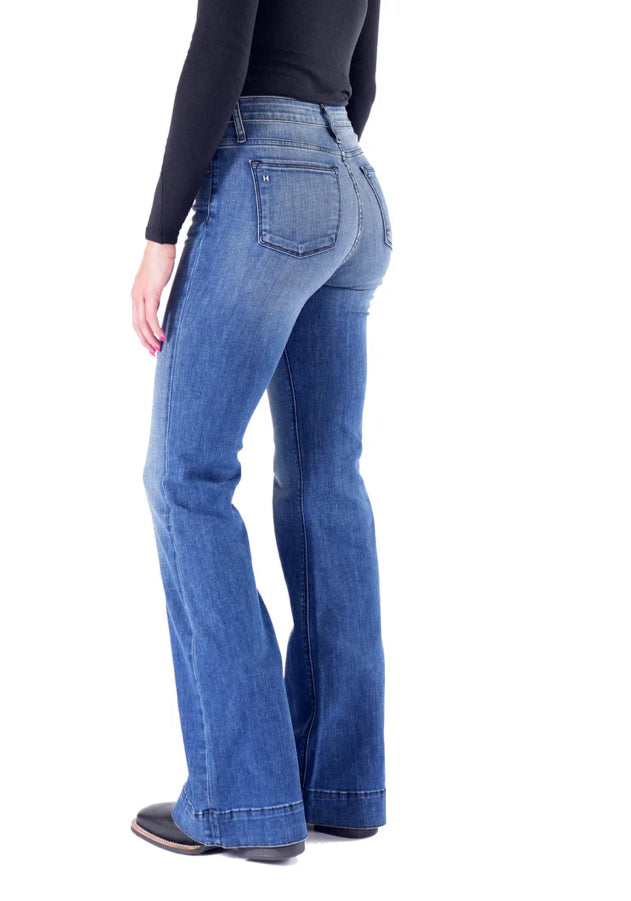 HAALA DENIM BELLA TROUSER FLARE JEANS IN INDIGO STONE WITH BLACK STITCH