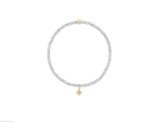 E NEWTON EXTENDS BRIGHT SILVER FACETED HEMATITE 2MM BEAD BRACELET -SIGNATURE CROSS GOLD CHARM