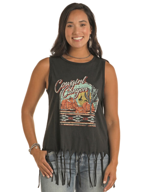 ROCK & ROLL DENIM GRAPHIC TANK WITH FRINGE