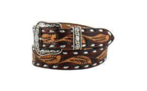 ANGEL RANCH WOMEN’S HAND TOOLED LEATHER BELT WITH LEAVES AND METAL ACCENTS