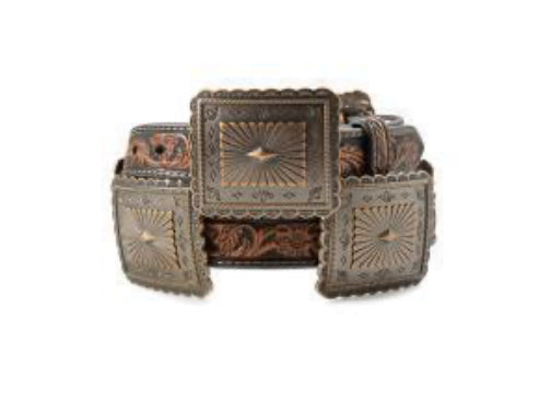 ARIAT LADIES BELT 1" FLORAL EMBOSSED SCALLOPED CONCHOS BROWN