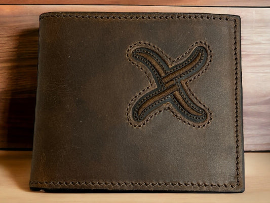 TWISTED X DARK BROWN LEATER BIFOLD WALLET WITH SIGNATURE X LOGO