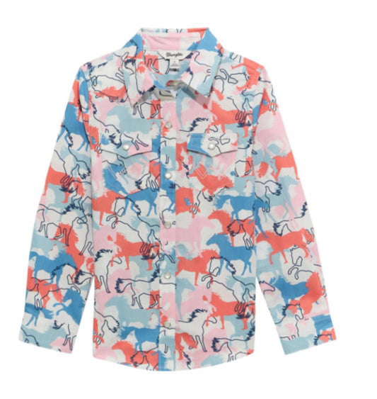 WRANGLER GIRLS WESTERN HORSE PRINT SNAP SHIRT
