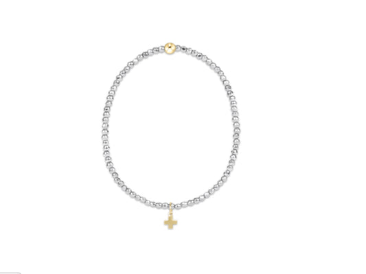 E NEWTON SILVER FACETED HEMATITE 2MM BEAD BRACELET-SIGNATURE CROSS GOLD