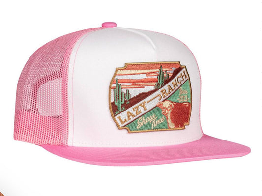 LAZY J RANCH PINK& WHITE DESERT SHOW TIME CLASSIC FIVE PANEL TRUCKER HAT