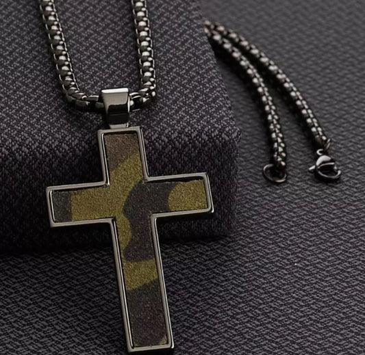 SILVER STRIKE GUNMETAL CAMO CROSS NECKLACE