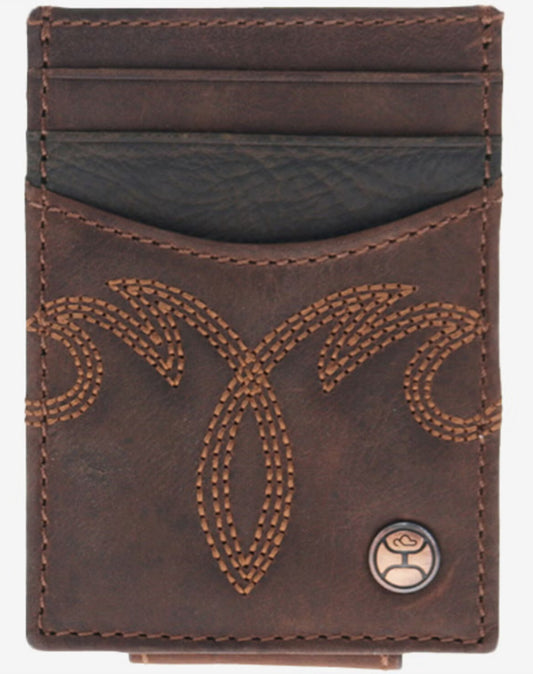 HOOEY MENS WYATT SMOOTH BROWN MONEY CLIP WITH BROWN STITCHING