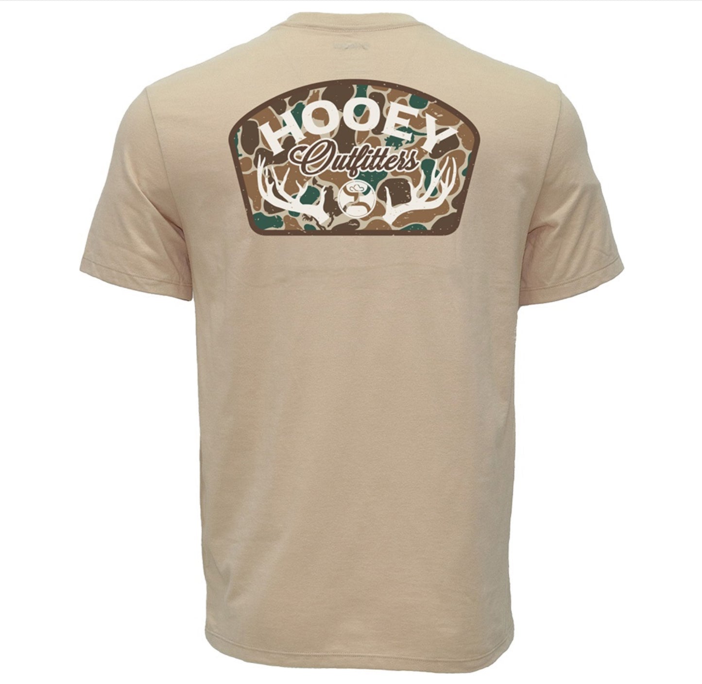 HOOEY YOUTH BOYS OUTFITTERS TAN CREW NECK TSHIRT WITH CAMO ANTLER LOGO ON BACK