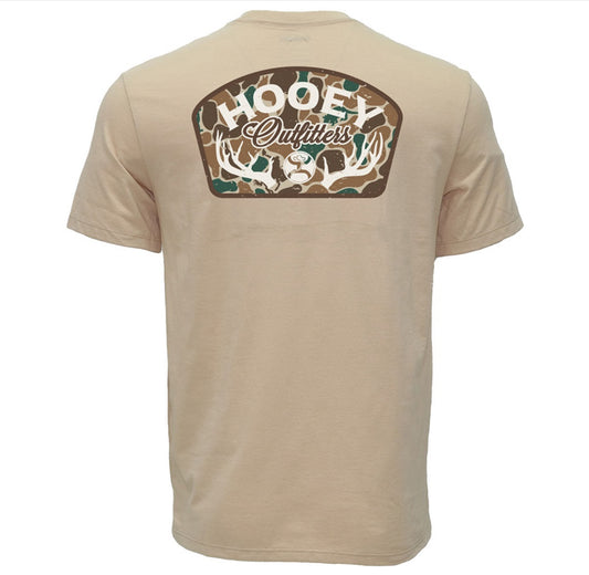 HOOEY YOUTH BOYS OUTFITTERS TAN CREW NECK TSHIRT WITH CAMO ANTLER LOGO ON BACK