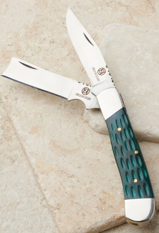 CIRCLE SH CUTLERY BLUE BONE HANDLE 2 BLADE FOLDING KNIFE