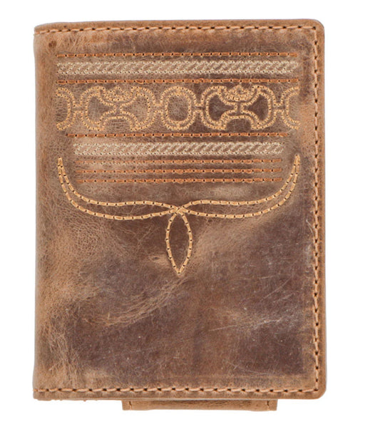 HOOEY MENS DALTON SMOOTH BROWN BIFOLD MONEY CLIP WITH BROWN STITCHINH AND HOOEY LOGO RIVET