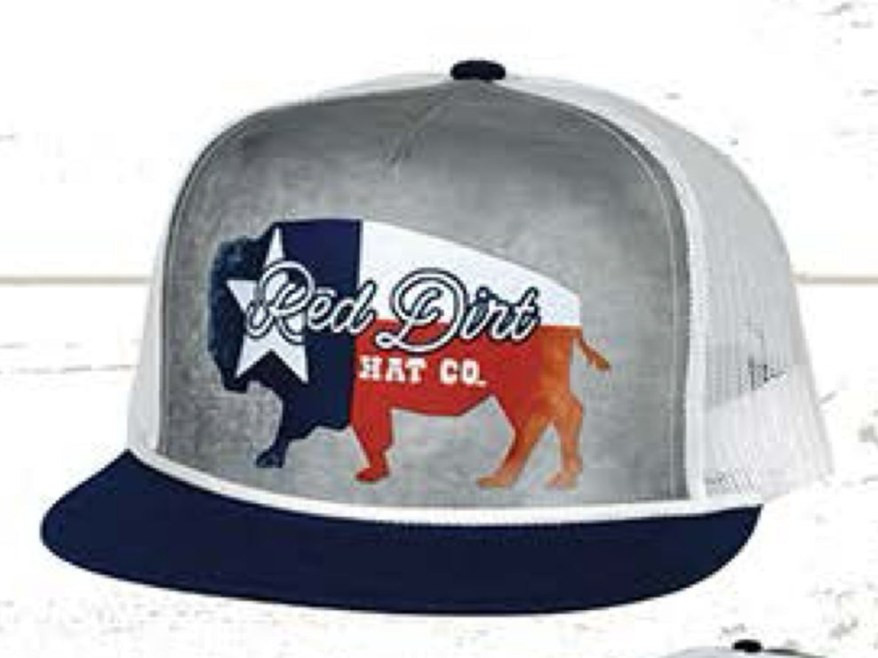 RED DIRT HAT CO TEJAS-GRAY/WHITE NAVY FLAT BILL WHITE ROPE 5 PANEL SNAPBACK HAT
