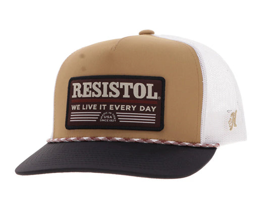HOOEY RESISTOL HAT, TAN/WHITE 5-PANEL TRUCKER WITH BLACK/RED RECTANGLE PATCH