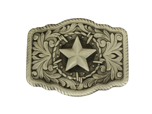 NOCONA RECTANGLE ROPE EDGE BARBEDWIRE STAR CENTER BELT BUCKLE