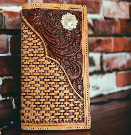 RANGER BELT CO BASKET WEAVE/FLORAL EMBOSSED RODEO WALLET WITH CONCHO
