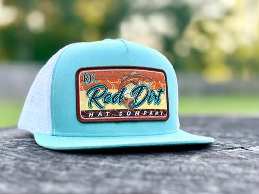 RED DIRT HAT CO RED FISH-TURQUOISE/WHITE 5 PANEL HAT