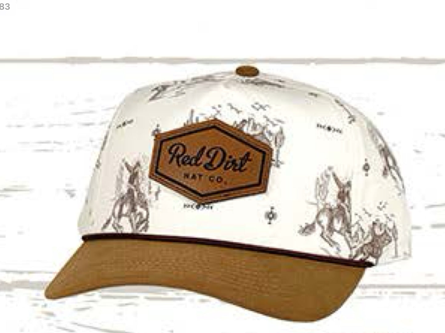RED DIRT HAT CO OUT WEST=WESTERN PRINT TAN BILL TAN ROPE UNSTRUCTURED HAT