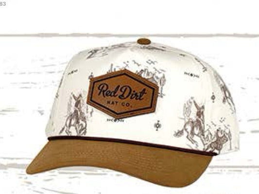 RED DIRT HAT CO OUT WEST=WESTERN PRINT TAN BILL TAN ROPE UNSTRUCTURED HAT