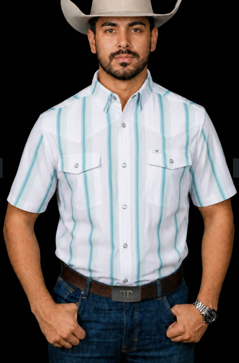 FERRELL BRAND “THE TRISTAN” IN GREY GREEN-SHORT SLEEVE PEARL SNAP SHIRT