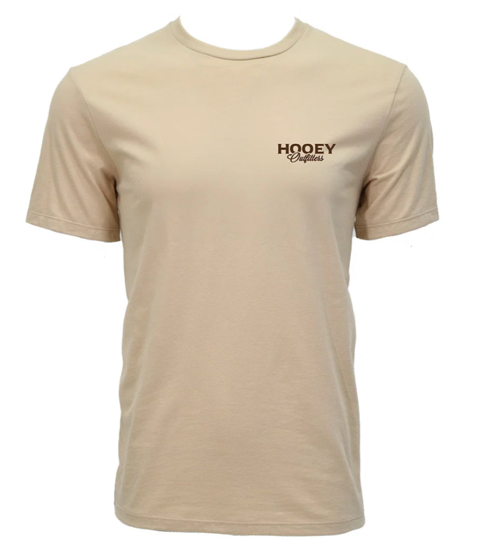HOOEY OUTFITTERS MENS TAN CREW NECK REACTIVE DYE SHORT SLEEE T-SHIRT WITH CAMO ANTLER LOGO ON BACK