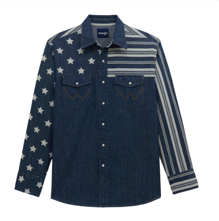 WRANGLER MENS VINTAGE INSPIRED LONG SLEEVE STARS AND STRIPES CLASSIC FIT SHIRT