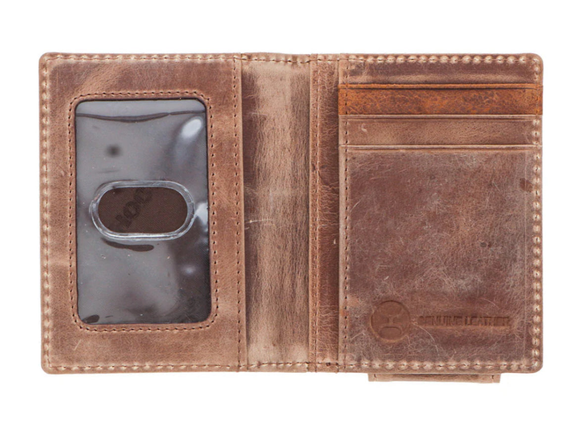 HOOEY MENS DALTON SMOOTH BROWN BIFOLD MONEY CLIP WITH BROWN STITCHINH AND HOOEY LOGO RIVET