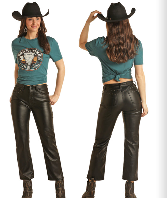 ROCK&ROLL DENIM BLACK PLEATHER CROP PANTS