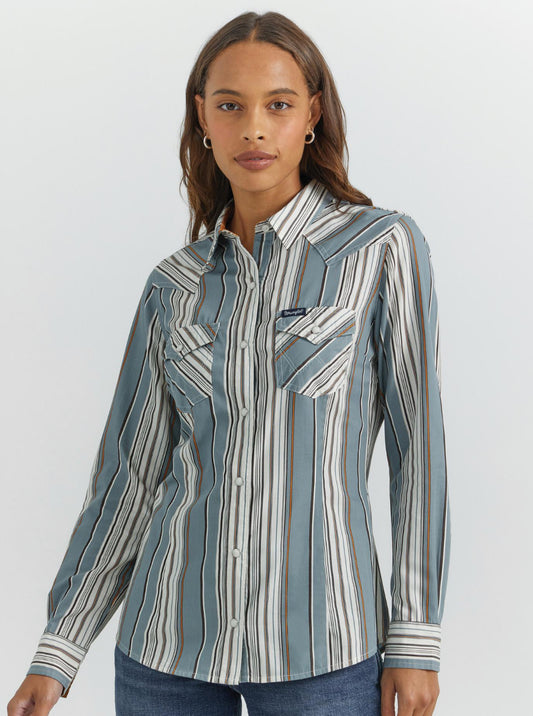 WRANGLER WOMENS RETRO LONG SLEEVE DRESS SNAP SHIRT BLUE STRIPE