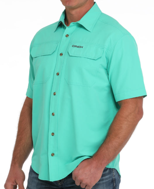 CINCH MENS SHORT SLEEVE SOLID ARENAFLEX SHIRT IN TURQUOISE