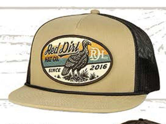 RED DIRT HAT CO GOBBLER-TAN/BLACK BLACK ROPE 5 PANEL FLAT BILL SNAPBACK HAT