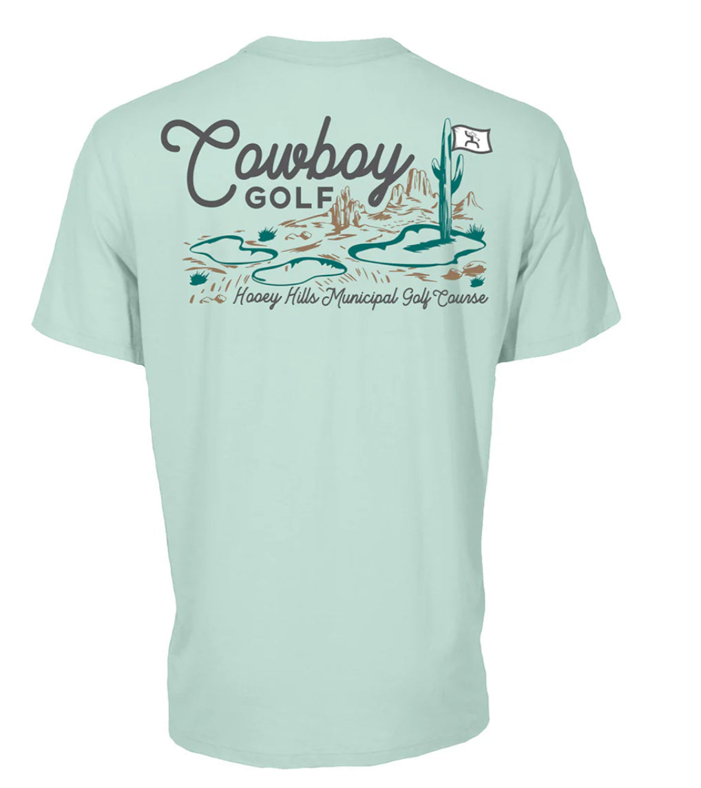 HOOEY HILLS MENS BLEACHED AQUA CREW NECK COTTON/POLY SHORT SLEEVE TSHIRT WITH COWBOY GOLD LANDSCAPE ON BACK