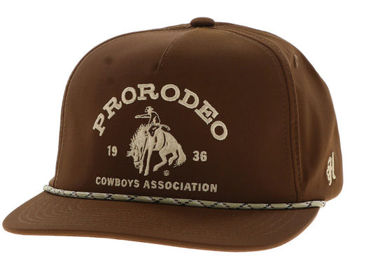 HOOEY PRCA HAT, BROWN 5-PANEL TRUCKER WITH GOLD LOGO-OSFA
