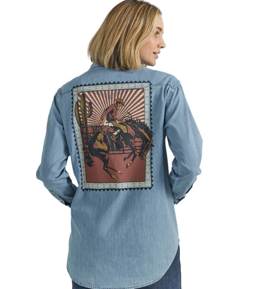 WRANGLER WOMENS RETRO DENIM SNAP BUCK ART LONG SLEEVE SHIRT