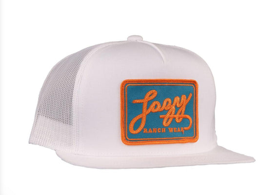 LAZY J RANCH WHITE TEAL BREAKAWAY PATCH CLASSIC FIVE PANEL TRUCKER HAT