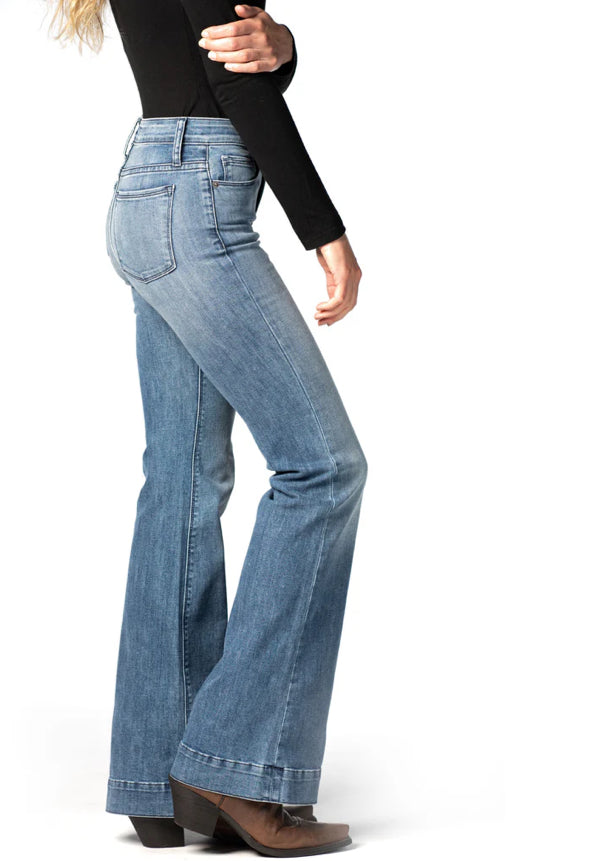 HAALA DENIM BELLA TROUSER FLARE JEAN IN VINTAGE BLUE WITH NAVY STITCHING