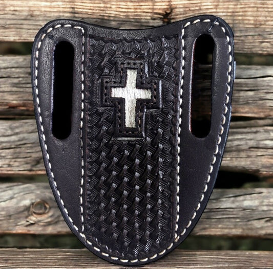 CIRCLE SH LEATHER KNIFE SHEATH WITH CROSS INLAY