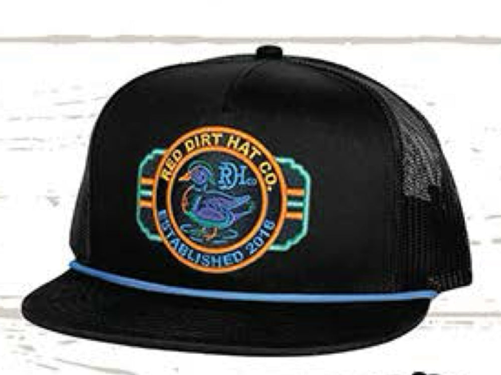 RED DIRT HAT CO NEON WOODY-BLACK/BLACK FLAT BILL WITH BLUE ROPE 5 PANEL SNAPBACK HAT