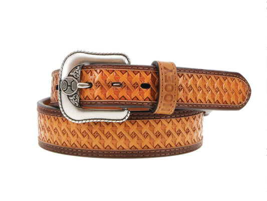 HOOEY HAND-UP BASKET WEAVE 1.75”-1.5” TAPERED BASKETWEAVE EMBOSSED NATURAL LEATHER BELT WITH BROWN DOUBLE WELT EDGE AND ACCENTS