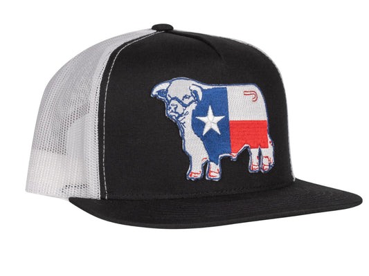 LAZY J RANCH BLACK & WHITE TEXAS FLAG BULL CLASSIC FIVE PANEL TRUCKER HAT