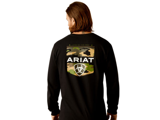 ARIAT MENS LONG SLEEVE LAND OF THE FREE CAMO SHIELD TSHIRT