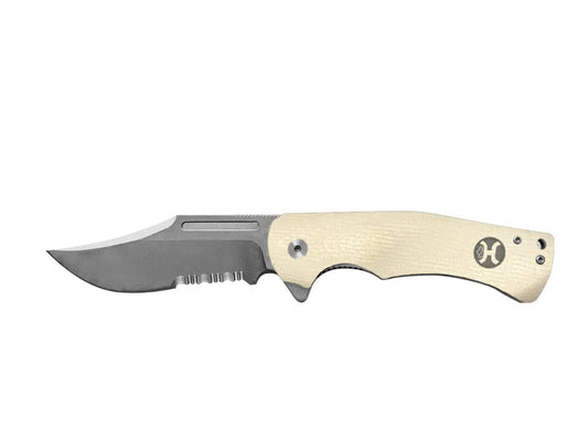 HOOEY KNIFE, WHITE CLIP POINT FLIPPER 3.25” SERRATED BLADE WITH A 4.25” HANDLE