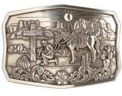 RECTANGLE PRAYING COWBOY ANTIQUE SILVER CACTUS BELT BUCKLE